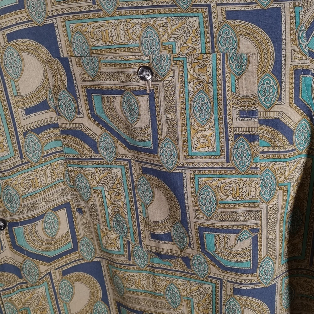 Vintage Renaissance Style Patterned Blue/Green XL Mens Short-sleeved Shirt - Picture 4 of 6